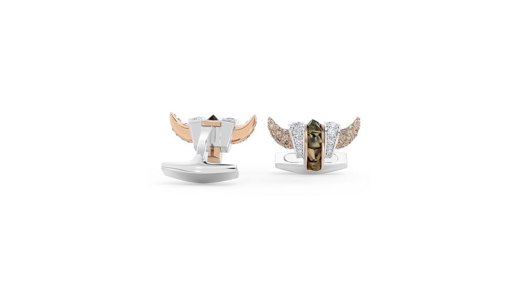 Cuff links in rose and white gold with pavé-set brown diamond horns and a central line of rough, pyramid-shaped brown diamonds De Beers high jewelry Stability Cuff Links